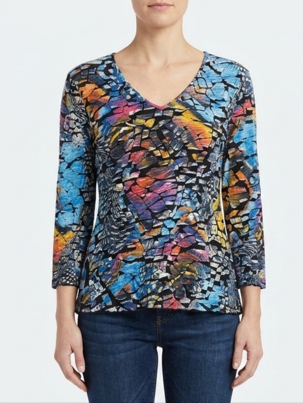 Snoskins Abstract Stained Glass Burnout V-Neck Top Medium Art To Wear Textured M